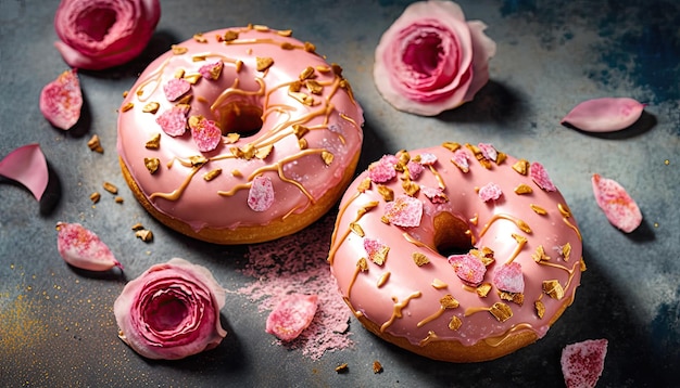 Rosa Donuts und Blumen für jede Feier auf dunklem Hintergrund Generative KI