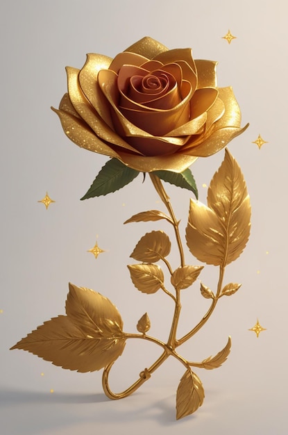 Rosa dorada con hojas doradas sobre un fondo blanco