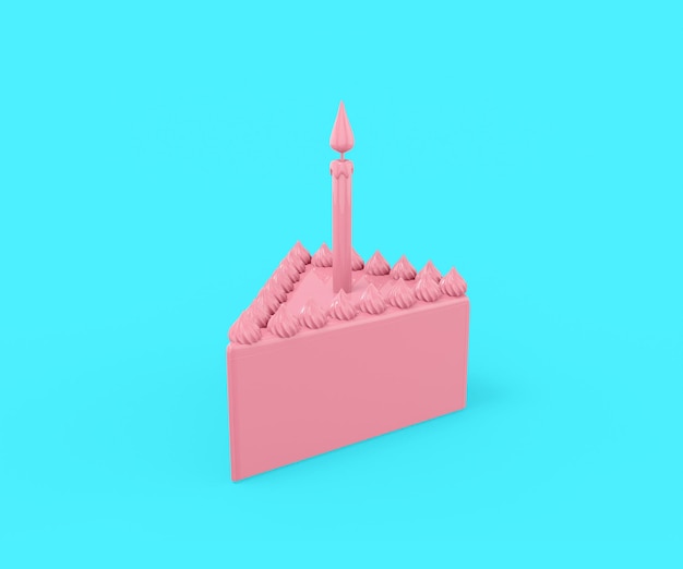 Rosa dreieckiges Stück Kuchen mit einer festlichen Kerze auf hellblauem Hintergrund Minimalistisches Designobjekt 3D-Rendering