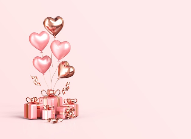 Foto rosa e ouro renderização 3d do dia dos namorados com caixa de presente e balões de amor