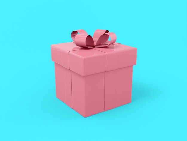 Rosa einfarbige Geschenkbox mit Band und Schleife auf blauem einfarbigem Hintergrund. Minimalistisches Designobjekt. 3D-Rendering-Symbol ui ux-Schnittstellenelement.