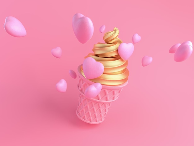 Rosa Eis mit Goldcreme auf rosa Hintergrund 3D-Render-Illustration