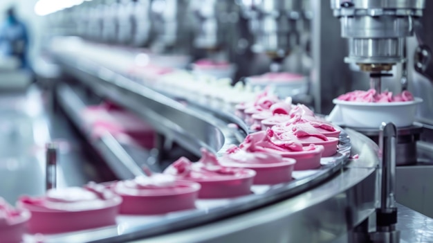 Foto rosa eiscreme auf der fertigungslinie industrielle lebensmittelproduktion