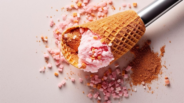 Foto rosa eiscreme-schüssel mit eiskremkegel