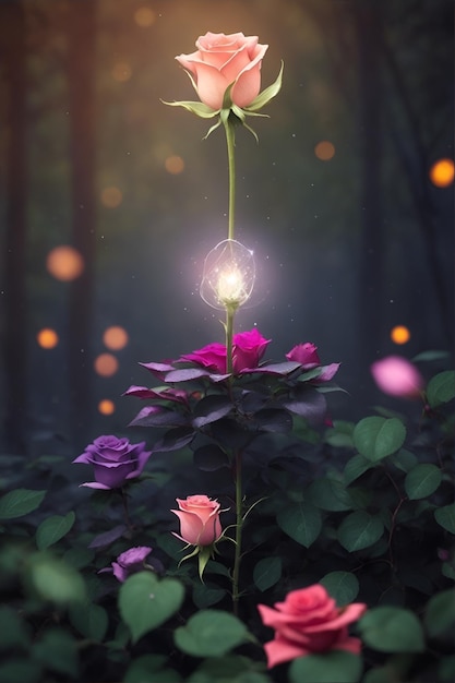 Foto rosa em um fundo de floresta de fantasia