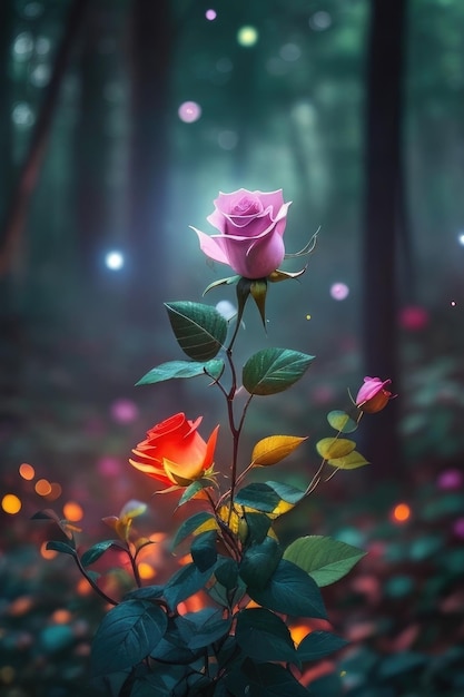 Rosa em um fundo de floresta de fantasia