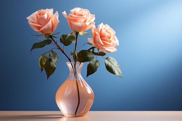 Foto rosa em um vaso transparente com espaço de cópia em fundo colorido