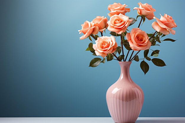 Foto rosa em um vaso transparente com espaço de cópia em fundo colorido