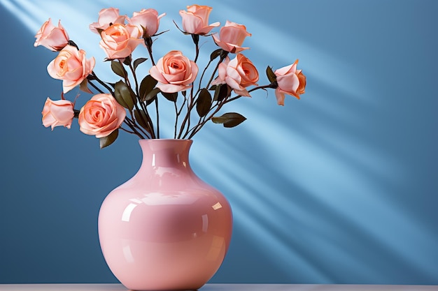 Foto rosa em um vaso transparente com espaço de cópia em fundo colorido