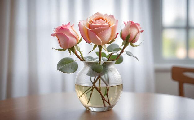 rosa em vidro transparente na mesa de jantar na sala de estar