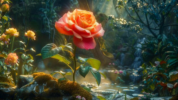 Rosa encantada en un bosque místico con rayos de luz mágicos y flora exuberante