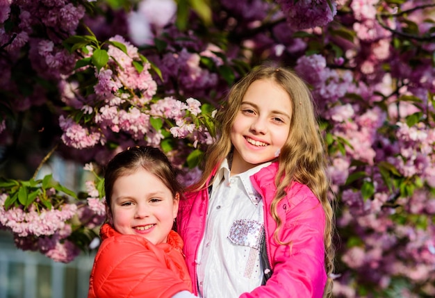 El rosa es nuestro favorito. Niños flores rosas de fondo de árbol de sakura. Niños disfrutando de los cerezos en flor. Flores suave y tierna floración. Los niños disfrutan del jardín de primavera. Jardín de sakura. Las hermanas caminan por los árboles de sakura del parque.