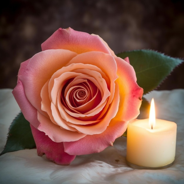 Una rosa está al lado de una vela y se enciende una vela.