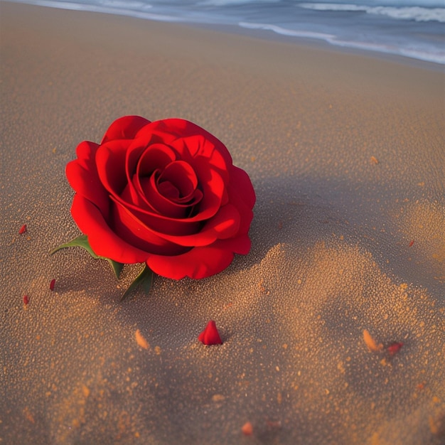 Una rosa está en la playa y el agua es roja.