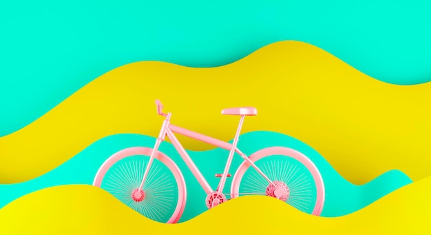 Rosa Fahrrad auf gelbem und blauem Papier bewegt Hintergrund 3D-Rendering wellenartig