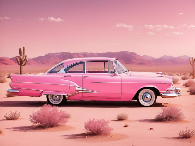 Foto rosa farbe klassischer wagen in der wüste illustrationsdesign generativ von ai