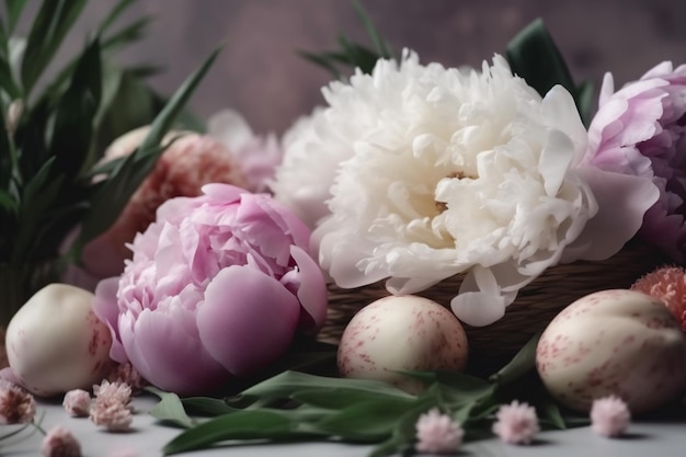 Rosa Feiertagsblume Blumenei Frühlingshintergrundansicht Pfingstrosenblüte Ostern Generative KI