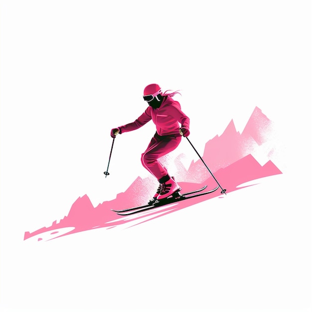 Rosa flache Frau, Silhouette beim Skifahren auf weißem Hintergrund