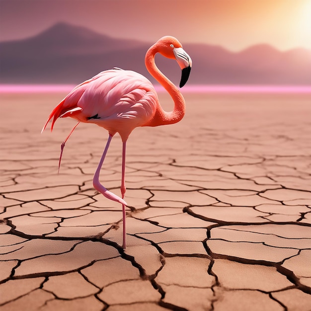 Rosa Flamingo auf einem trockenen, rissigen Seegrund unter einem sonnigen Himmel betonen die rissige Struktur des Sees