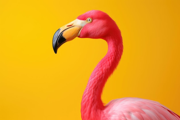 Rosa Flamingo auf gelbem Hintergrund seitlich