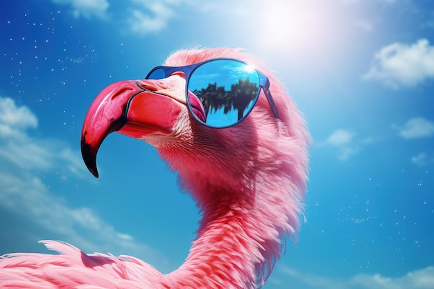 Rosa Flamingo mit Sonnenbrille im Freien mit blauer Himmels-KI