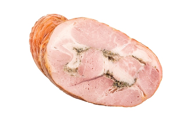 Rosa Fleisch von Huhn, Speck, Schwein, Rind, mit Fettschichten, mit Pfeffer isoliert auf weißem Hintergrund