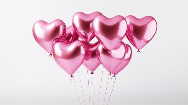 Rosa fliegende glänzende Folien-Herzballons auf weißem Hintergrund