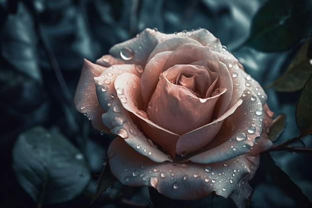 Rosa florescente em gotas de orvalho fecha