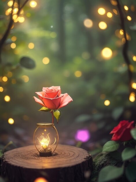 Foto una rosa en un fondo de bosque de fantasía