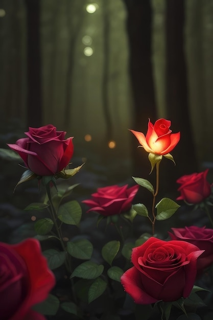 Una rosa en un fondo de bosque de fantasía