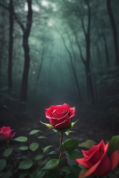 Una rosa en un fondo de bosque de fantasía