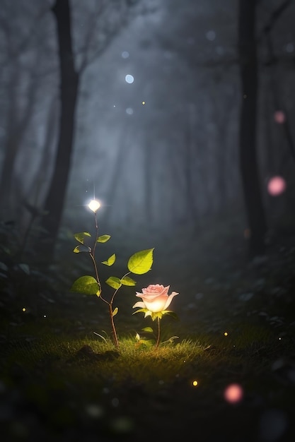Una rosa en un fondo de bosque de fantasía