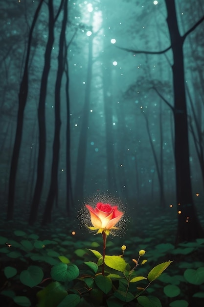 Una rosa en un fondo de bosque de fantasía
