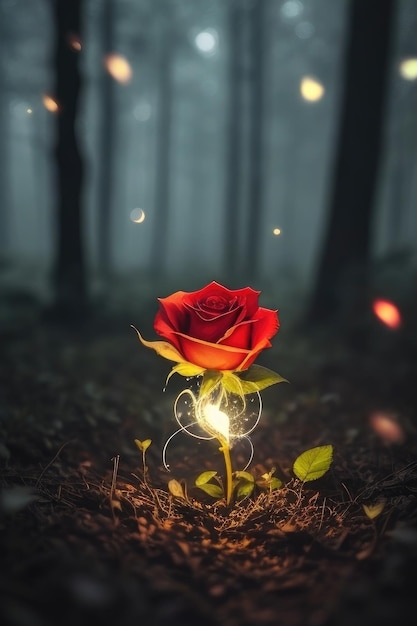 Una rosa en un fondo de bosque de fantasía