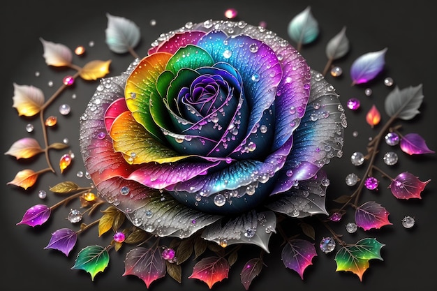 una rosa con un fondo negro de diamantes de colores del arco iris