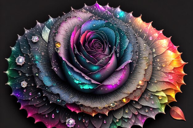 una rosa con un fondo negro de diamantes de colores del arco iris