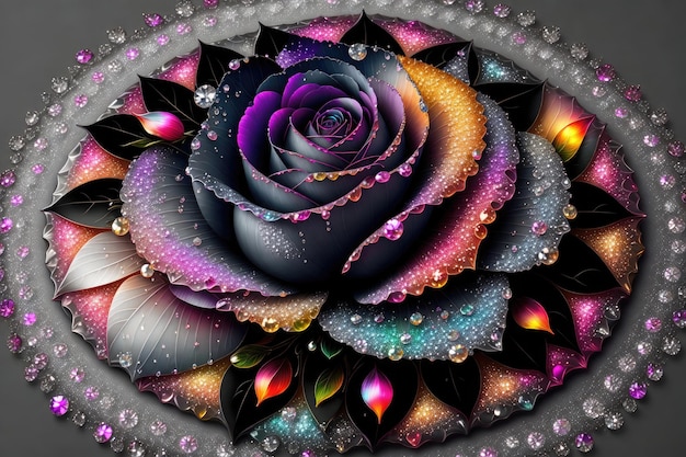 una rosa con un fondo negro de diamantes de colores del arco iris