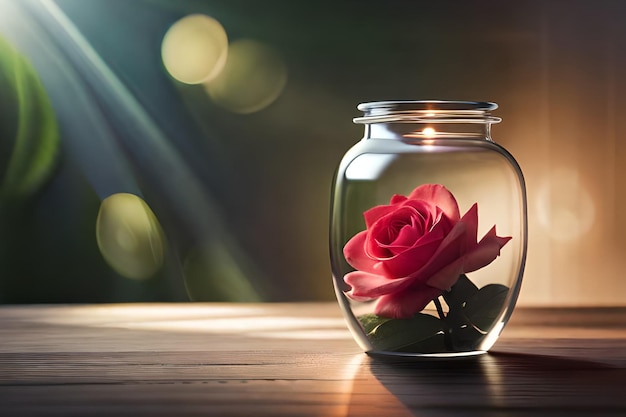 Una rosa en un frasco con una luz detrás