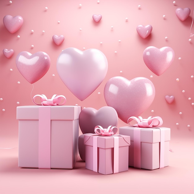Rosa Fröhlicher Valentinstag, rosa Geschenkbox und Herzdekoration auf romantischem rosa Hintergrund, 3D-Rendering
