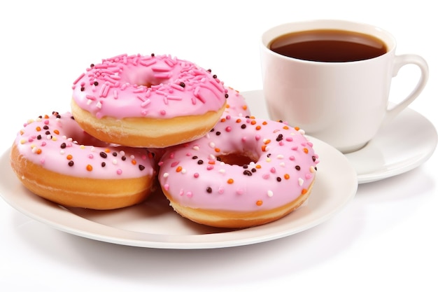 Rosa frostierte Donuts auf weißem Teller mit Kaffeekuppe auf einer weißen oder klaren Oberfläche PNG durchsichtiger Hintergrund