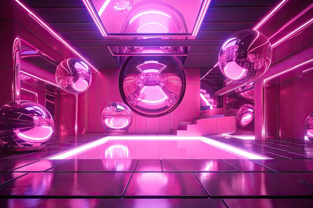 Rosa futuristische Halle mit holografischen Bildern und schwebenden Kugeln, die mit generativer KI erstellt wurden