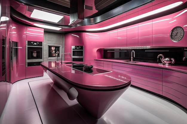 Foto rosa futuristische küche mit futuristischen geräten und eleganten theken