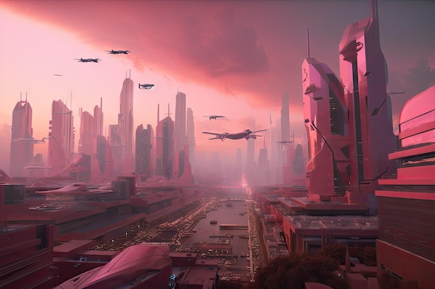 Rosa futuristische Stadtlandschaft mit hoch aufragenden Wolkenkratzern und vorbeifliegenden Hovercars