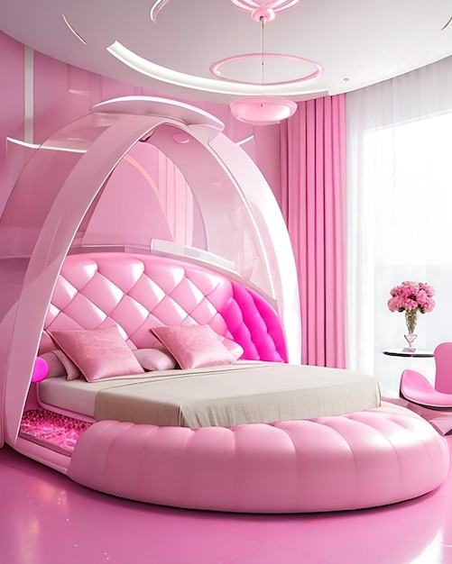 Rosa futuristisches Schlafzimmer mit metallischen Akzenten und schwebendem Bett