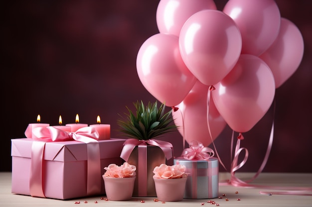 rosa Geburtstagsfeier-Objekte in einer Geschenkbox mit leerem Kopierraum