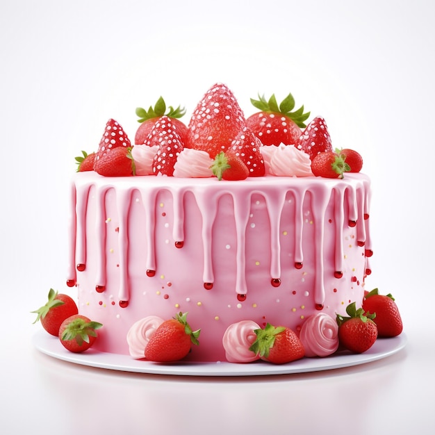 rosa Geburtstagskuchen auf weißem Hintergrund Erdbeere um den Kuchen herum
