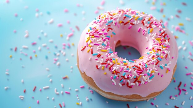 Foto rosa gefrorenes donut mit sprinkles auf blauem hintergrund