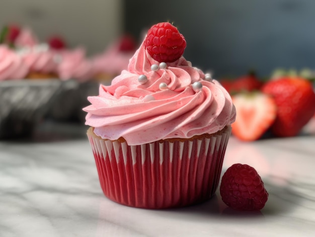 Rosa gefrostete Cupcakes mit einer Erdbeere oben Generative KI