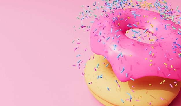 Rosa gefrosteter Donut-Hintergrund mit Streuseln 3D-Rendering