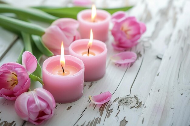 Rosa gelbe Tulpenblumen, angezündete Kerzen auf rustikalem Holzhintergrund, Grußkarte